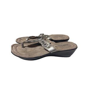 Minnetonka Womens Beaded Embellished Wedge Sandals 9 Silver & Beige Faux Leather